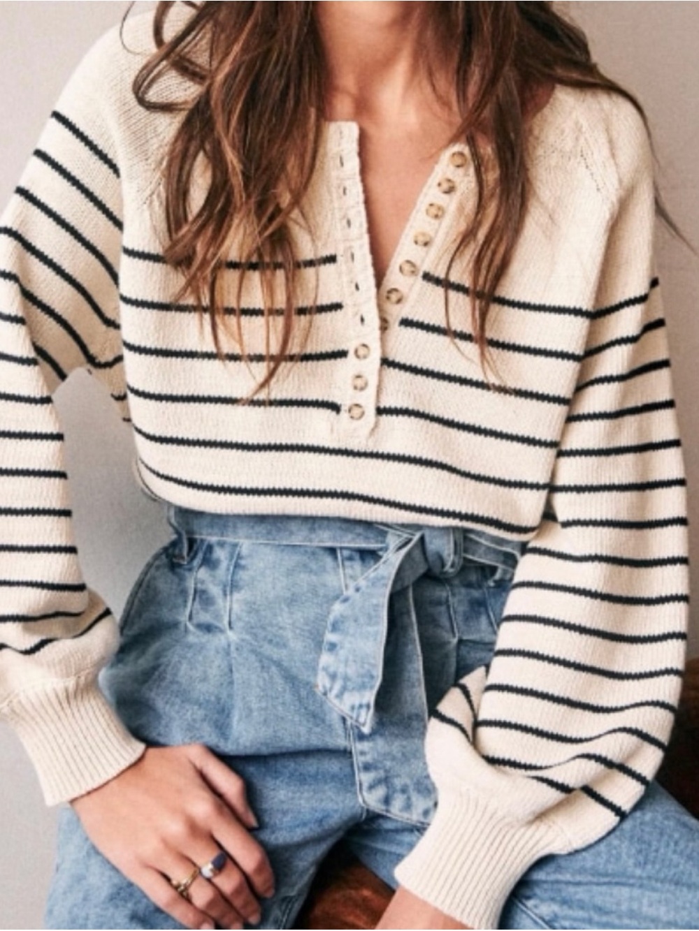 Sezane Cream Striped Henley Sweater